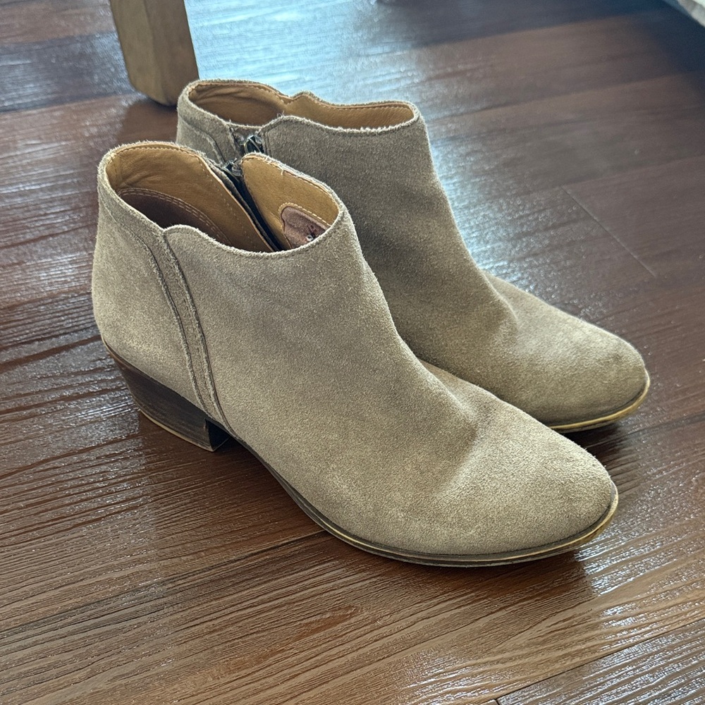 Lucky Women’s Suede Ankle Booties in Taupe - Side Zip Comfort